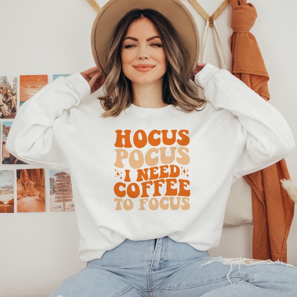 Hocus Pocus I Need Coffee To Focus Orange and Pastel Orange on White Sweatshirt - Picture 1 of 5